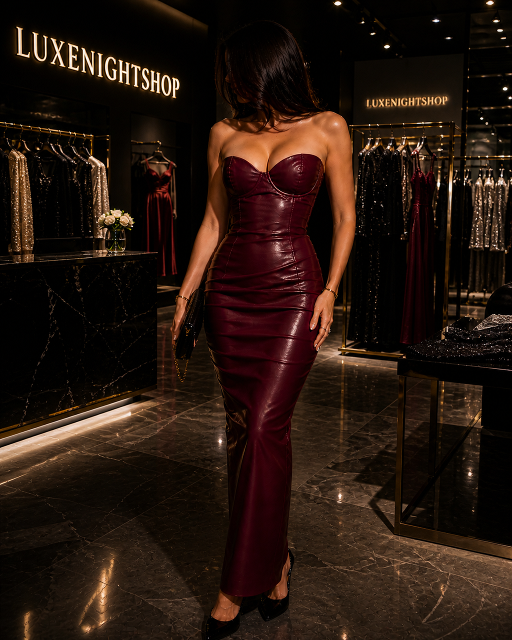 Midnight Luxe Noir Glossy Mini Dress